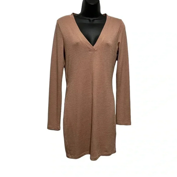 🍀2/$22 ARTIZIA WILFRED FREE Dress Mini V neck Minimalist Tan Knit Womens Small - Picture 10 of 10